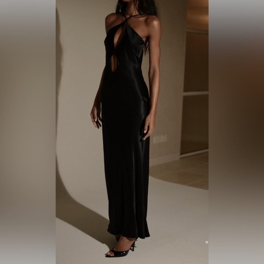 Meshki Black Satin Backless Cutout Maxi Dress